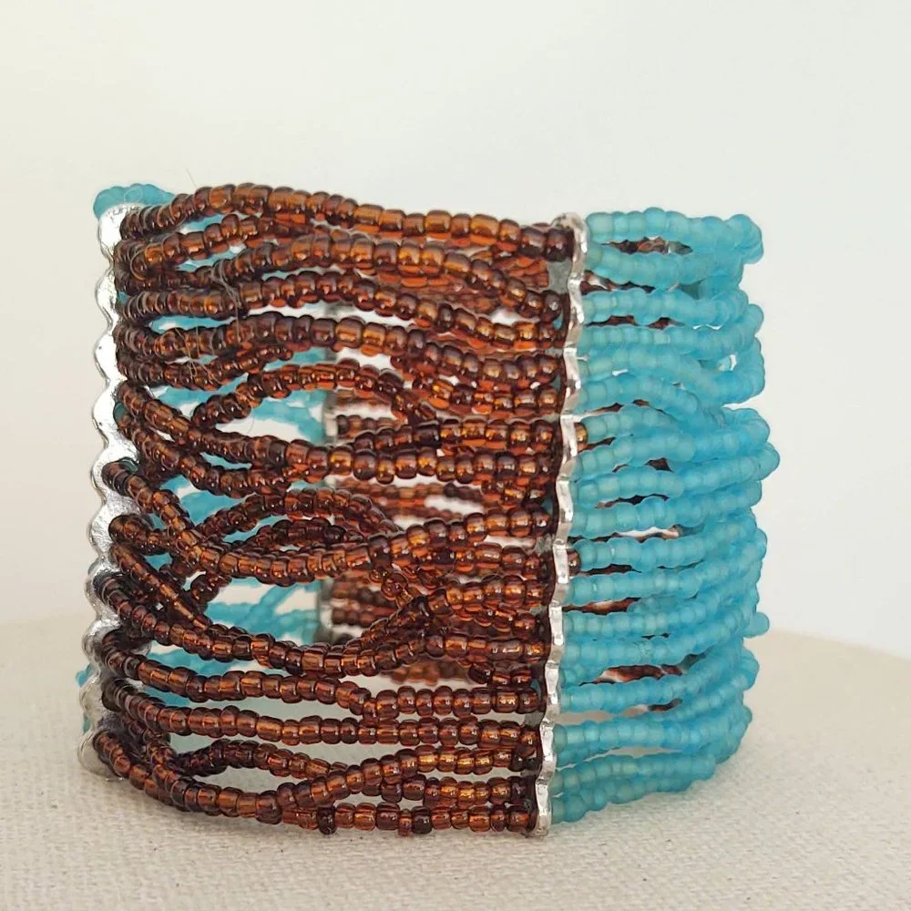 Blue and brown seed bead wide stretch bracelet